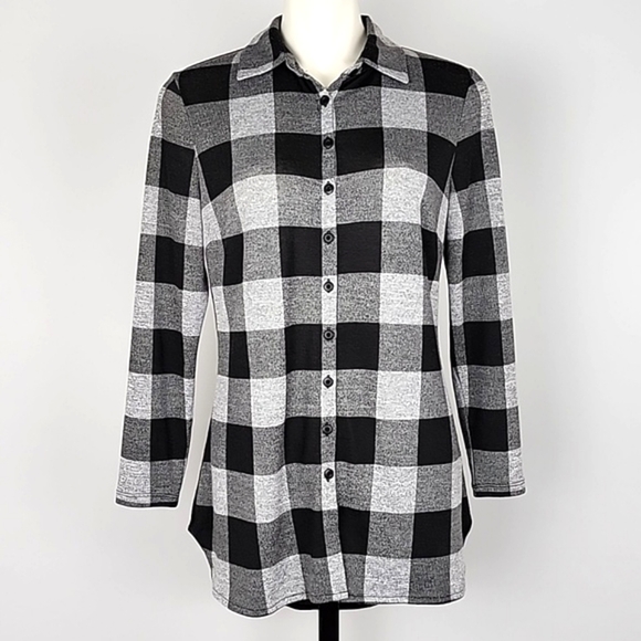 cleo Tops - Cleo Petites Long Button Up Black White Shirt Soft Stretch  Size Medium